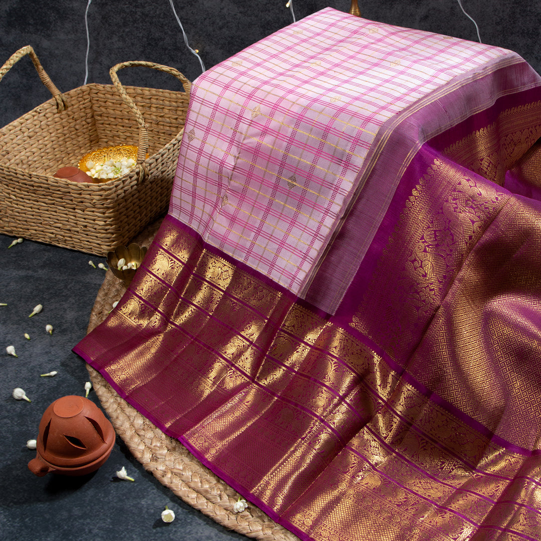 Kuberan White Lilac And Grape Purple Kanchivaram Saree