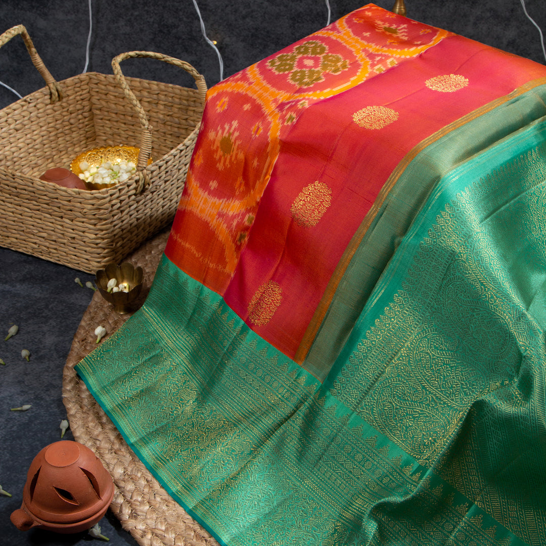 Kuberan Dark Pastel Red  And Pine Green Kanchivaram Saree