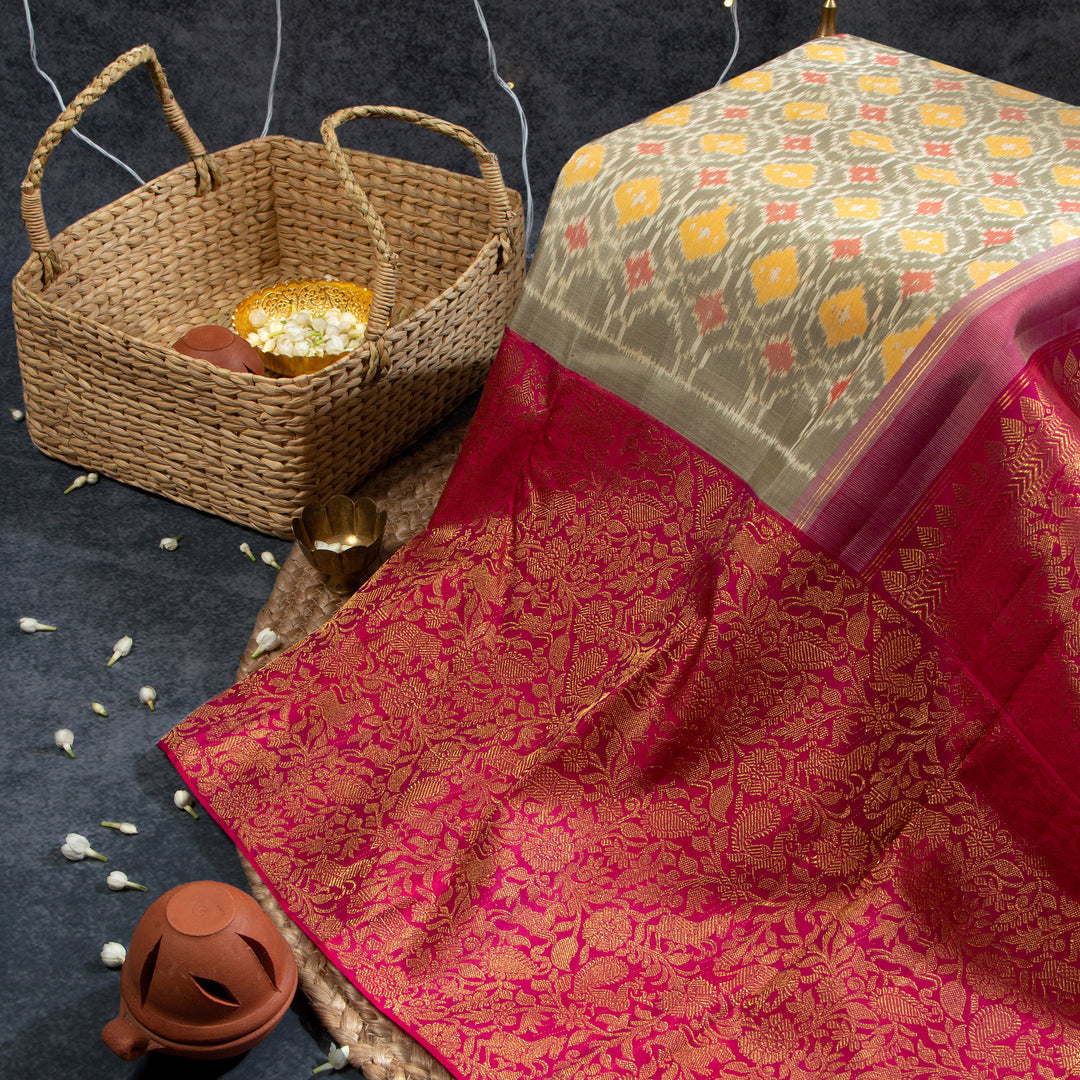 Kuberan Pastel Brown With Wine Red Designer Kanchivaram Saree