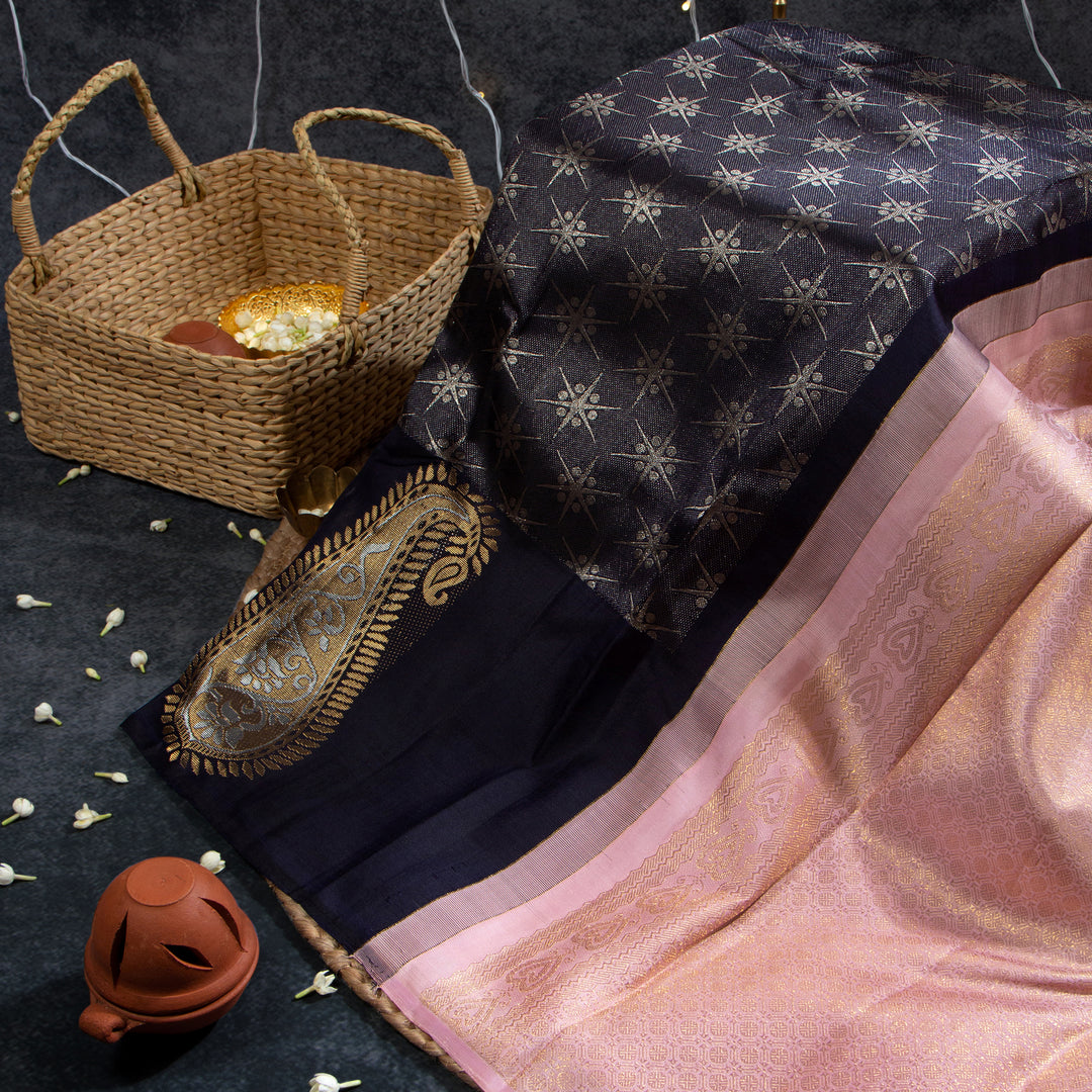 Kuberan Navy Blue With Dusty Pink Kanchivaram Saree