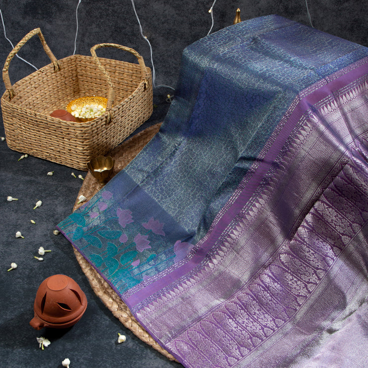 Kuberan Dusky Blue With Plum Purple Kanchivaram Saree