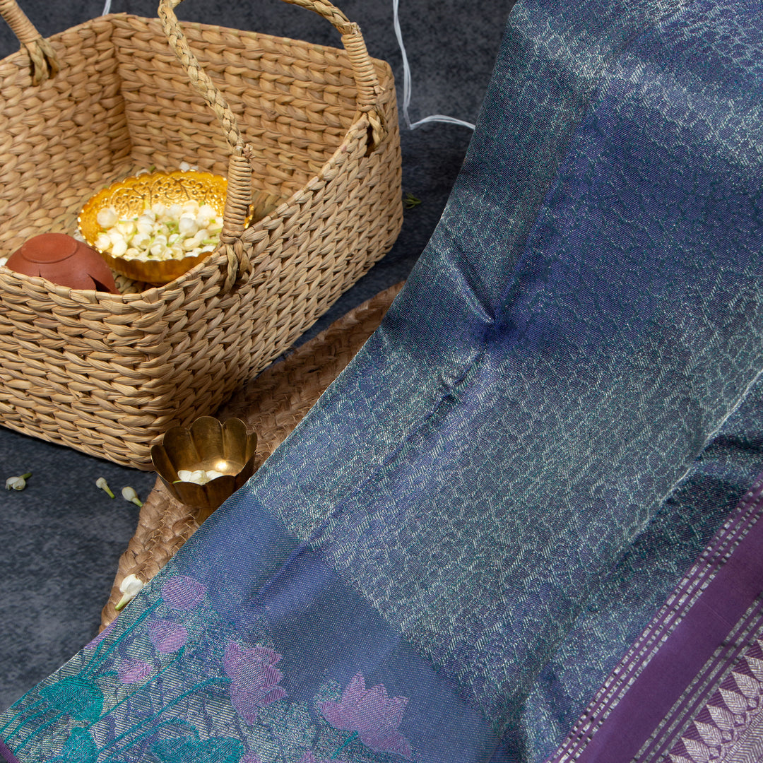 Kuberan Dusky Blue With Plum Purple Kanchivaram Saree