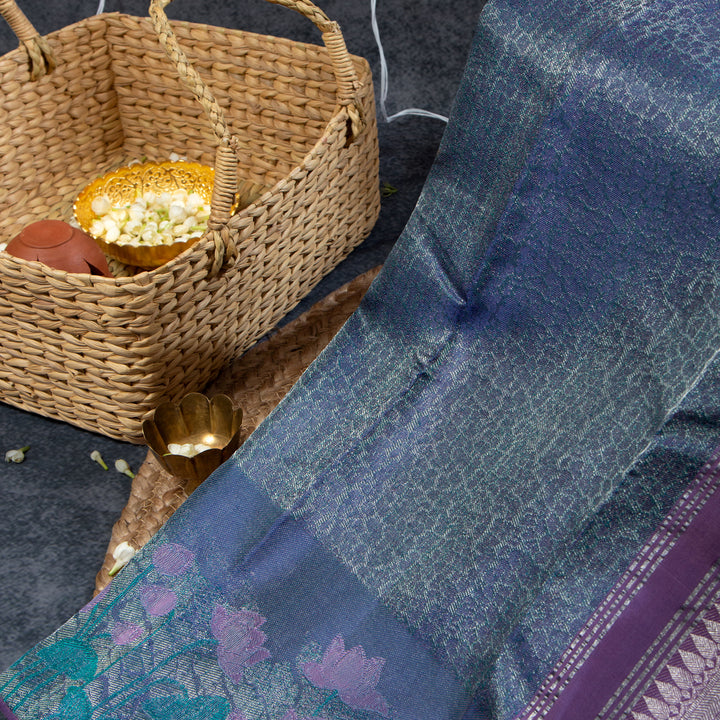 Kuberan Dusky Blue With Plum Purple Kanchivaram Saree