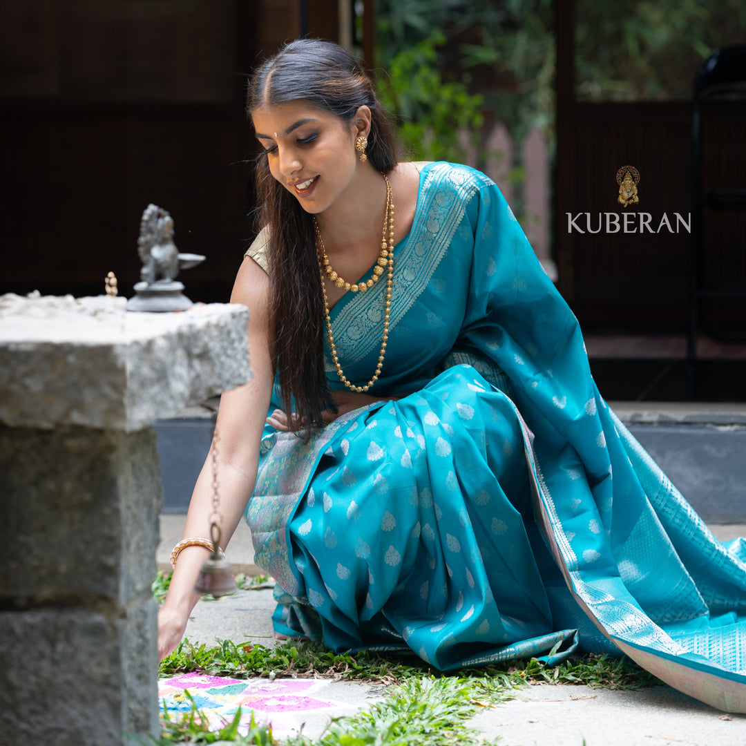 Kuberan Teal Blue Kanchivaram Saree