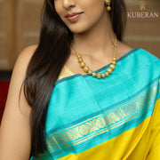 Kuberan Mustard Yellow With  Dark Turquoise Blue Kanchivaram Saree