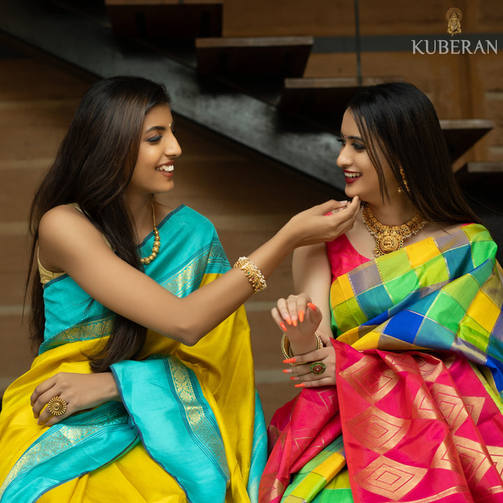 Kuberan Mustard Yellow With  Dark Turquoise Blue Kanchivaram Saree