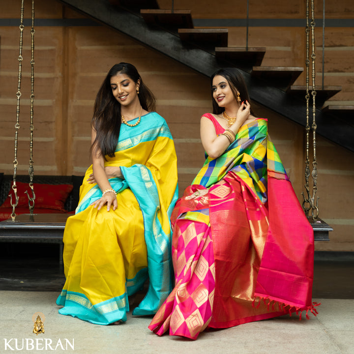 Kuberan Mustard Yellow With  Dark Turquoise Blue Kanchivaram Saree