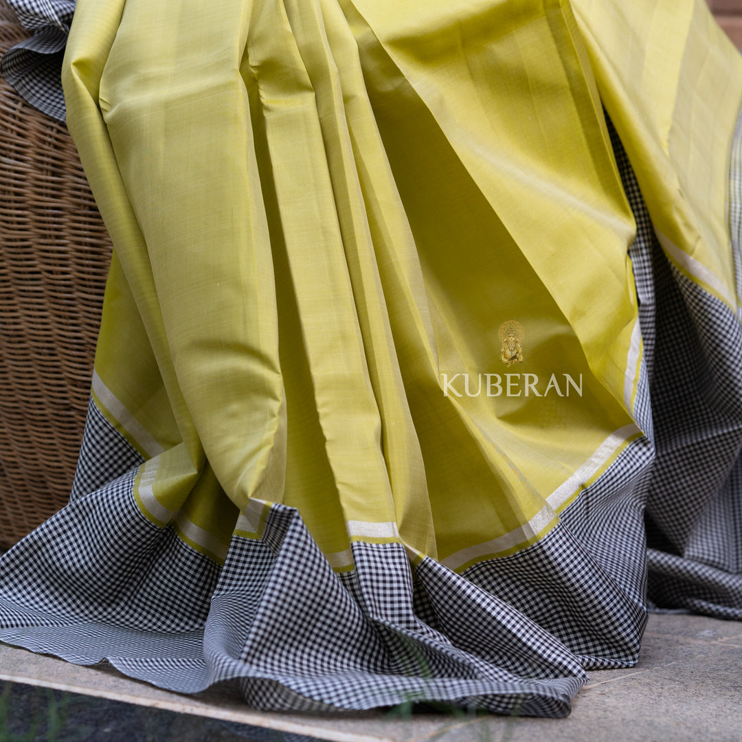 Kuberan Olive Yellow White And Black Checks Border Kanchivaram Saree