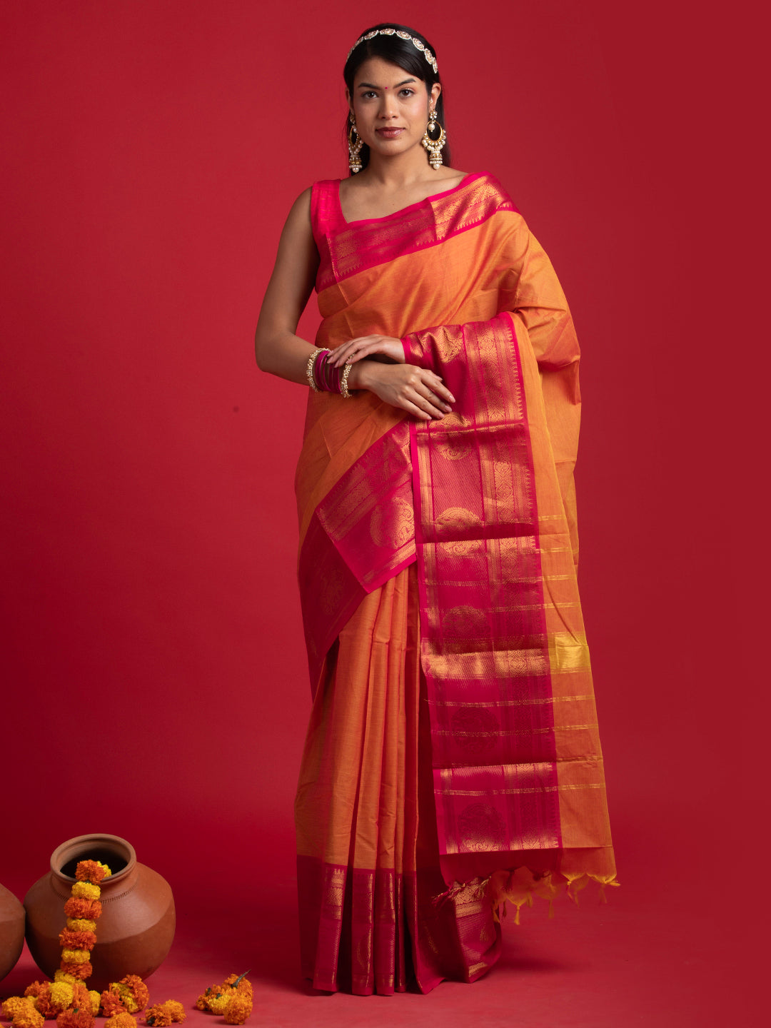 kuberan orange  kanchi cotton sarees