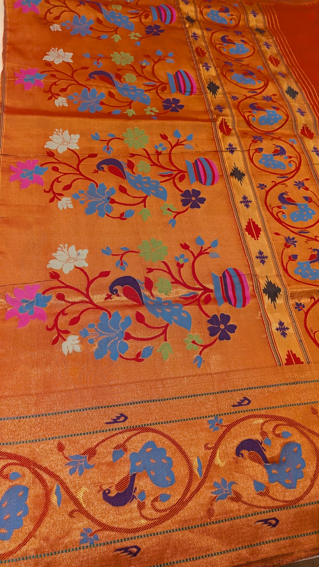 kuberan Turquoise blue Paithani Silk Saree with Orange Peacock Pallu