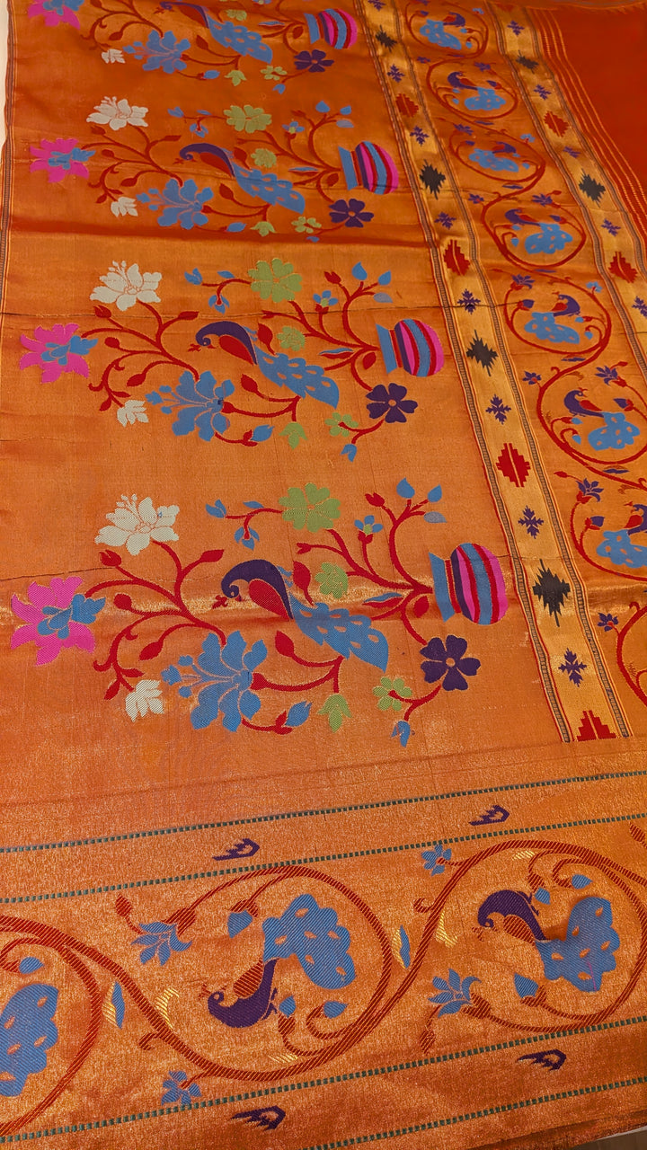 kuberan Turquoise blue Paithani Silk Saree with Orange Peacock Pallu