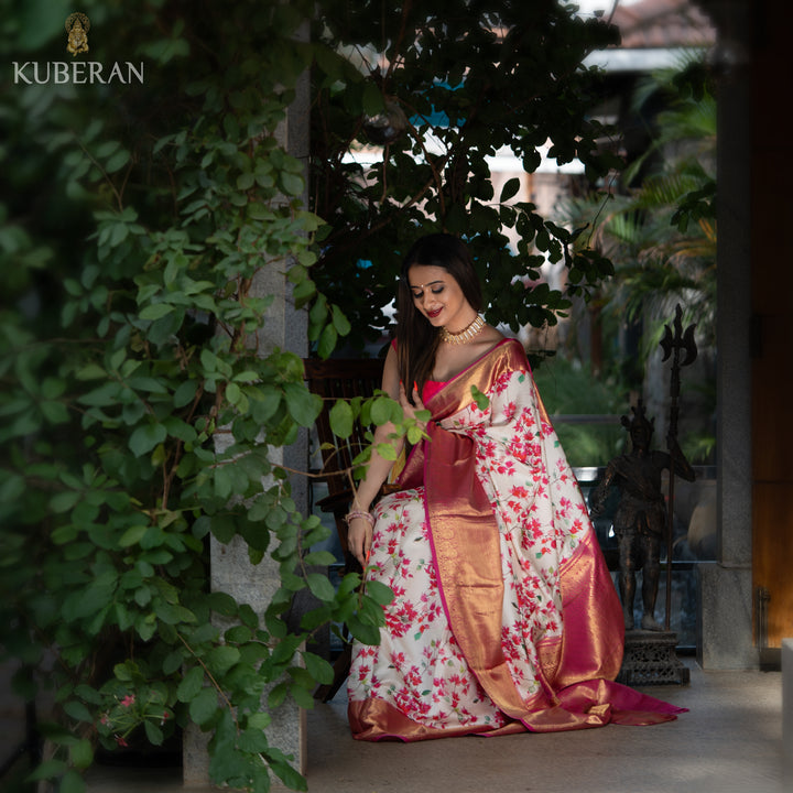 kuberan off white and pink kanchipuram saree