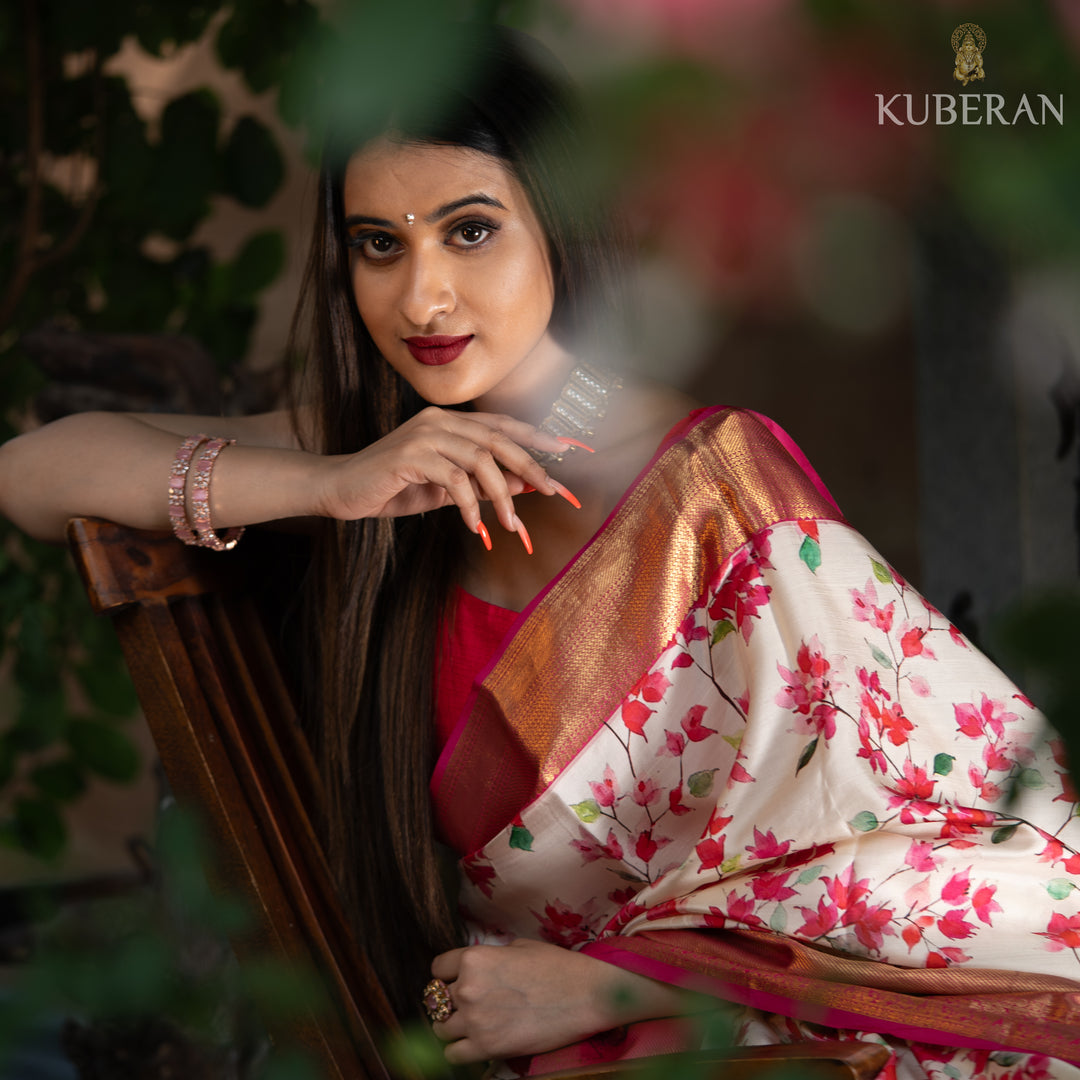 kuberan off white and pink kanchipuram saree