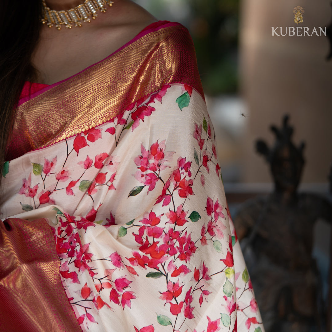 kuberan off white and pink kanchipuram saree
