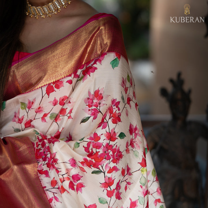 kuberan off white and pink kanchipuram saree