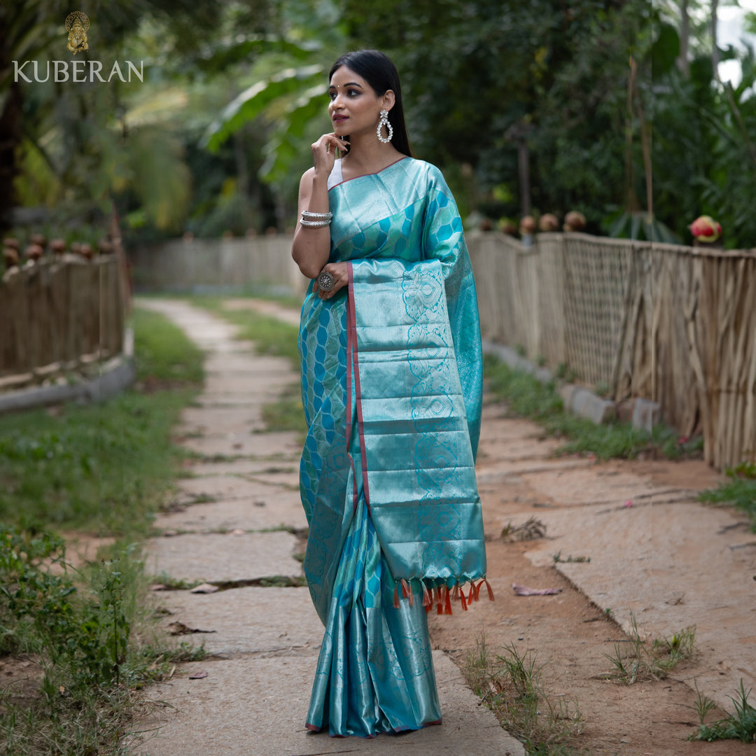 Kuberan Silver Teal Blue Kanchivaram Saree
