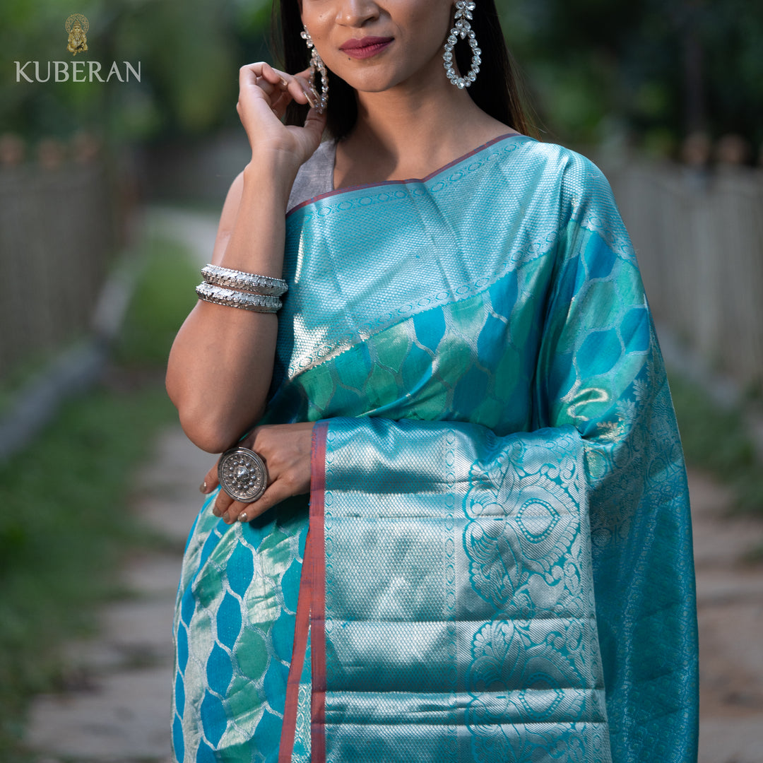 Kuberan Silver Teal Blue Kanchivaram Saree