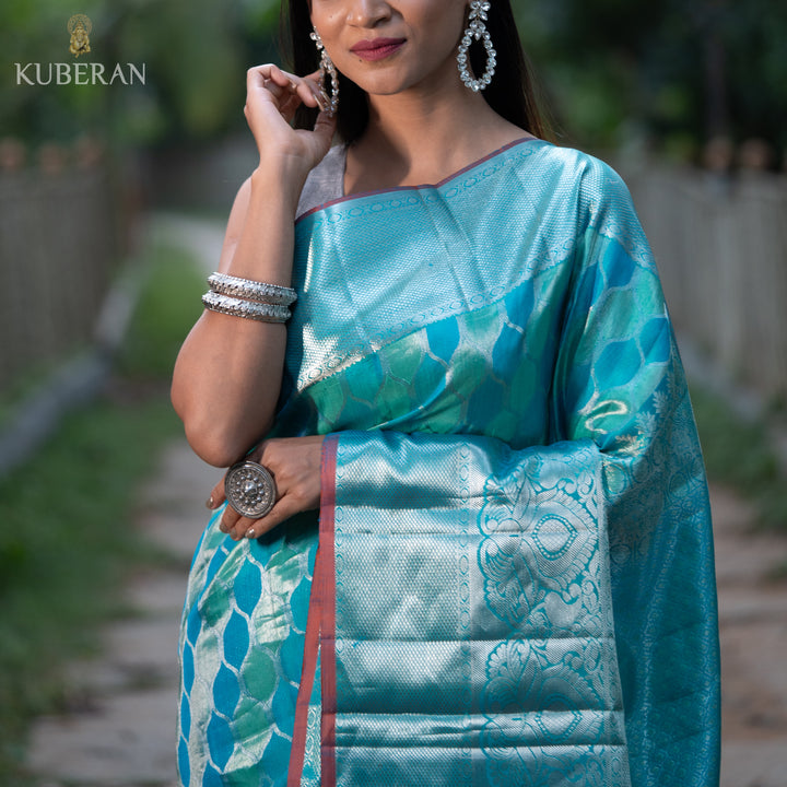 Kuberan Silver Teal Blue Kanchivaram Saree