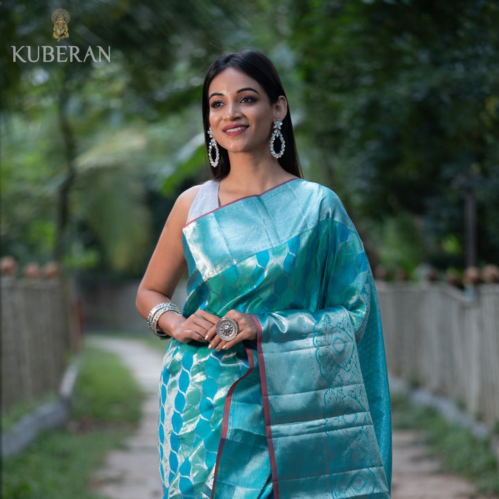 Kuberan Silver Teal Blue Kanchivaram Saree
