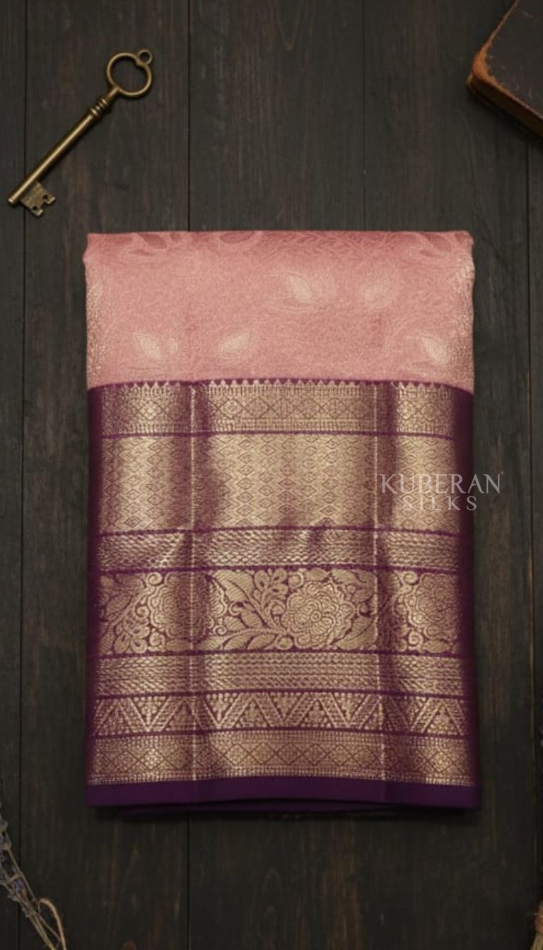 KUBERAN CORAL PINK PURE SILK KANCHIVARAM SAREE WITH GRAPE PURPLE BORDER