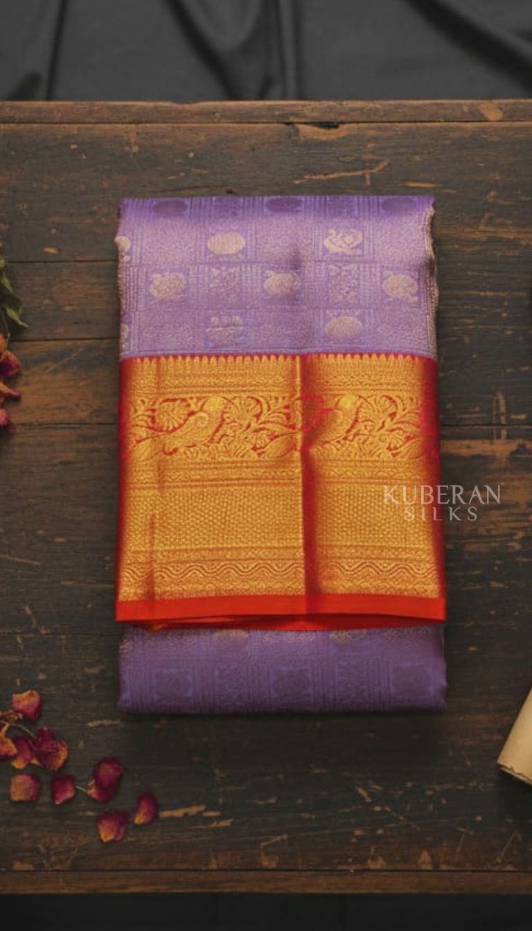 KUBERAN LIGHT PURPLE PURE SILK KANCHIVARAM SAREE WITH VERMILION RED BORDER