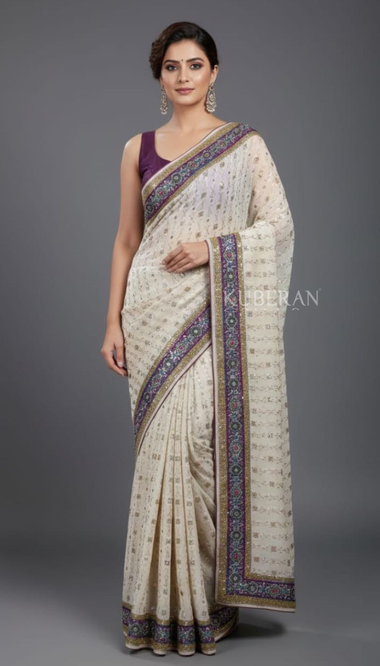 KUBERAN WHITE AND PURPLE EMBROIDERY SAREE