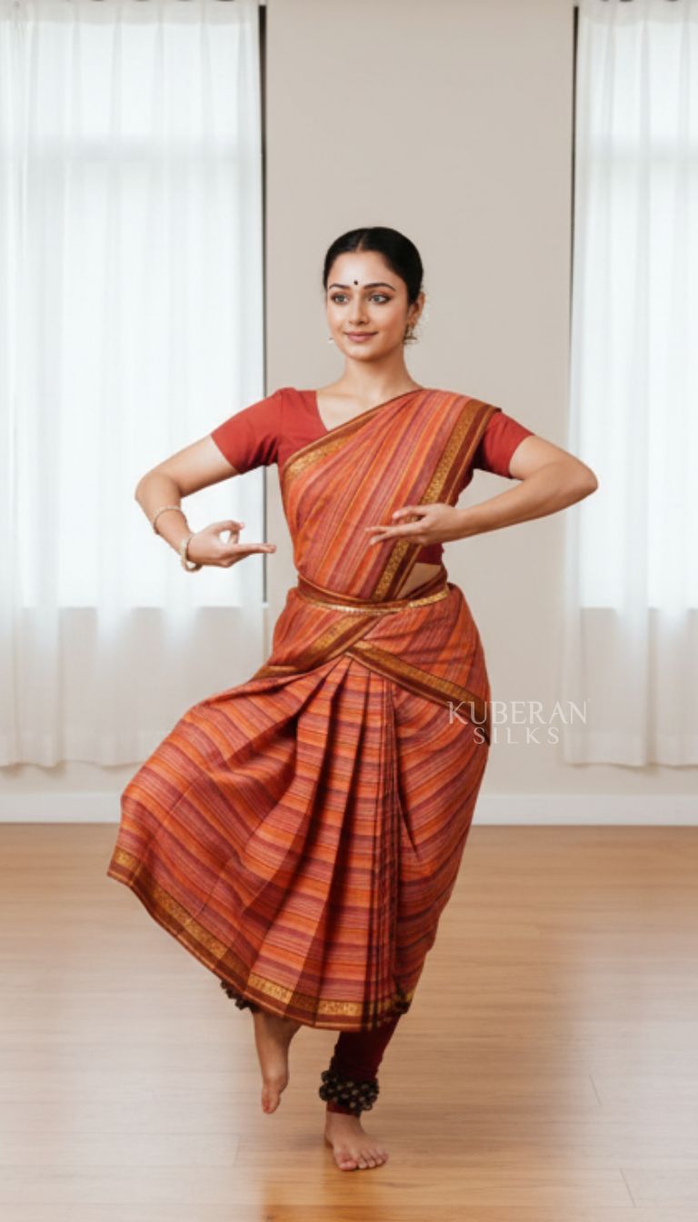 KUBERAN Rust Terracotta with Striped Pattern DANCE PRACTICE SAREE
