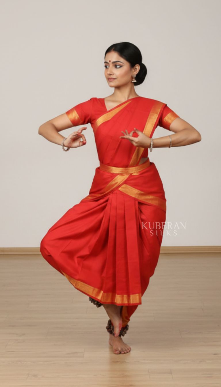KUBERAN Bright Red with Gold Border DANCE PRACTICE SAREE