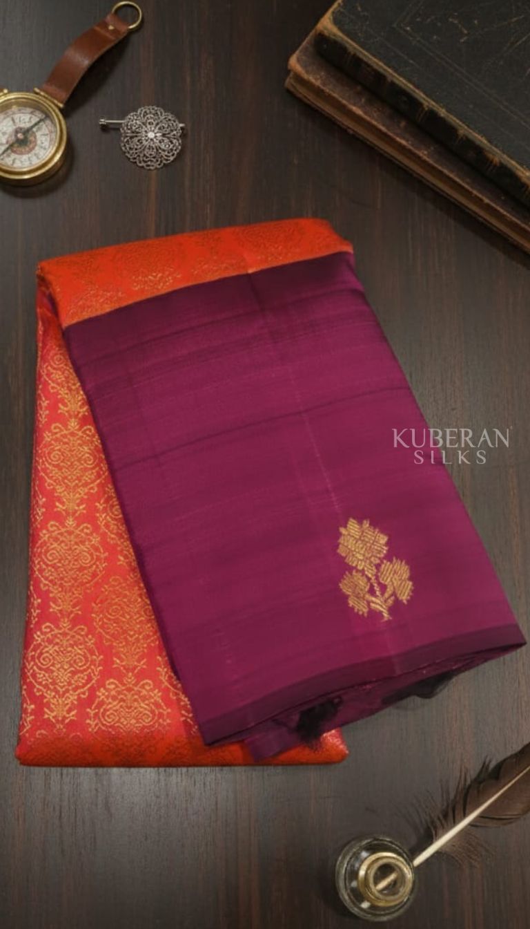 KUBERAN ORANGE - RED PURE SILK KANCHIVARAM SAREE WITH MAGENTA- PURPLE BORDER
