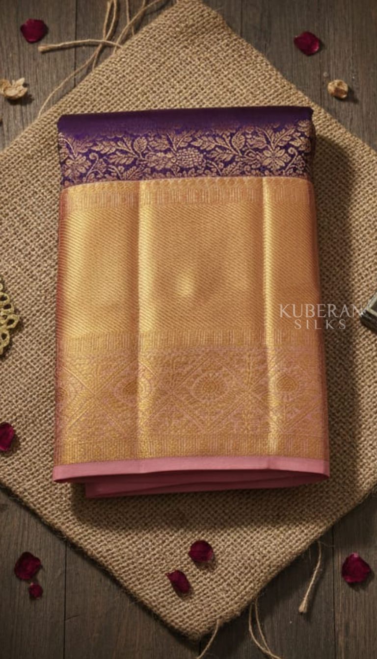 KUBERAN DEEP ROYAL PURPLE PURE SILK KANCHIVARAM PINK BORDER WITH GOLD ZARI