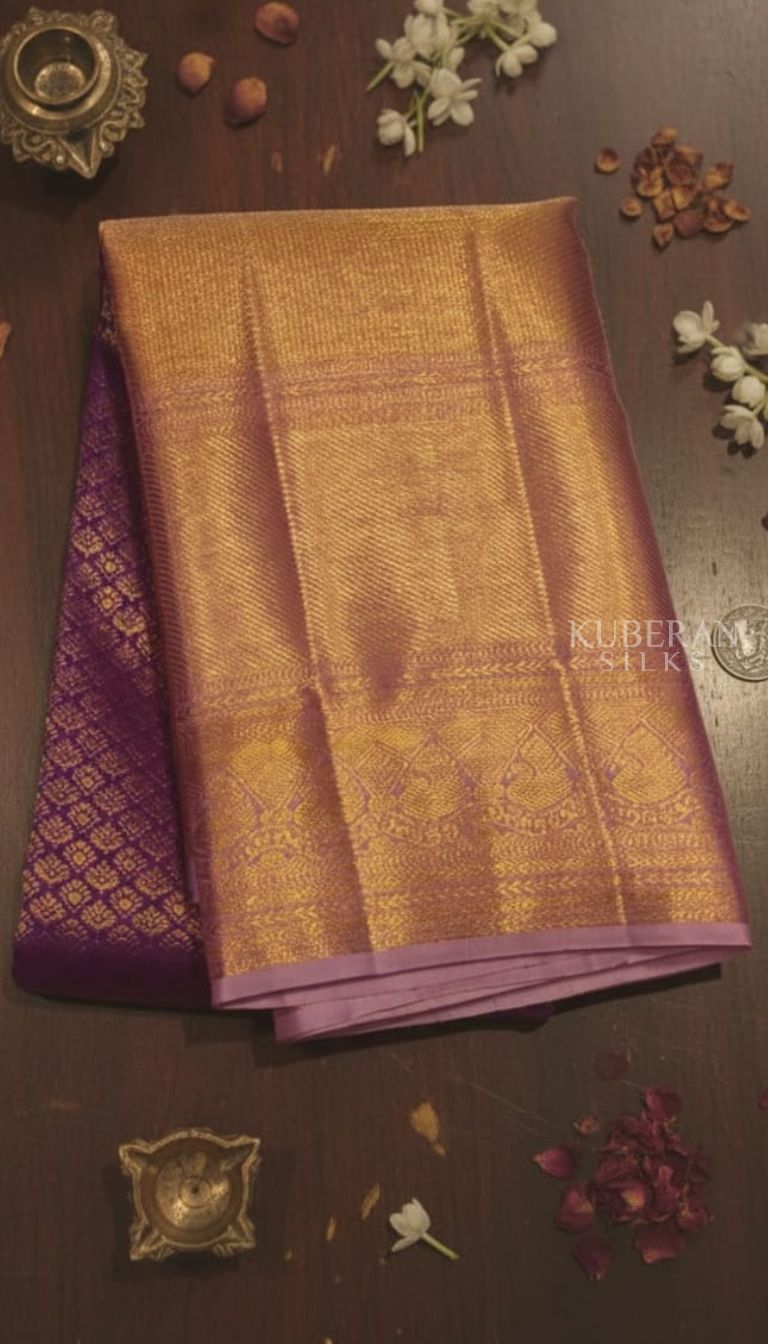 KUBERAN REGAL PURPLE PURE SILK KANCHIVARAM SAREE WITH ROSE PINK AND GOLD ZARI BORDER
