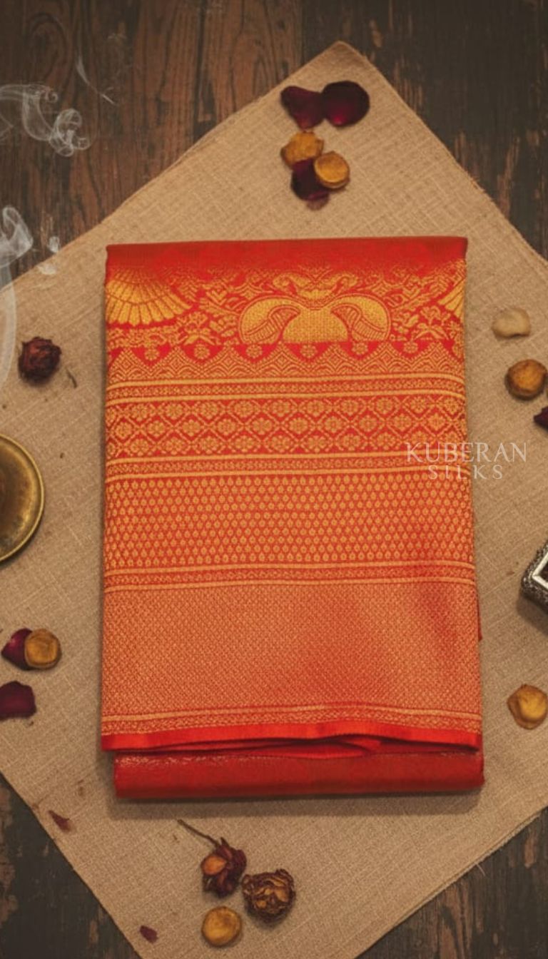 KUBERAN VIBRANT VERMILION RED PURE SILK KANCHIVARAM SAREE