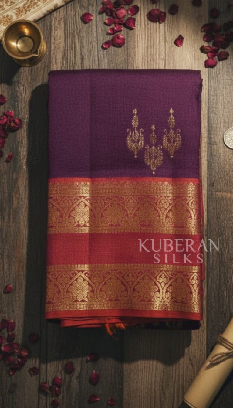 KUBERAN KANCHIVARAM PURE SILK LAVENDER WITH ORANGE BORDER SAREE