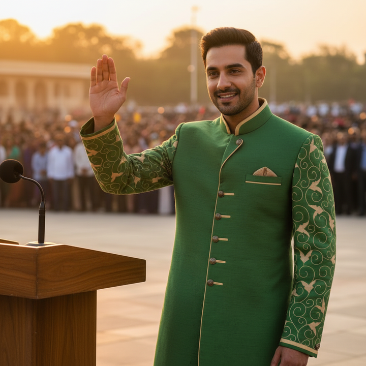 Kuberan Green Indo-Western Sherwani with Gold Bird & Scroll Embroidery