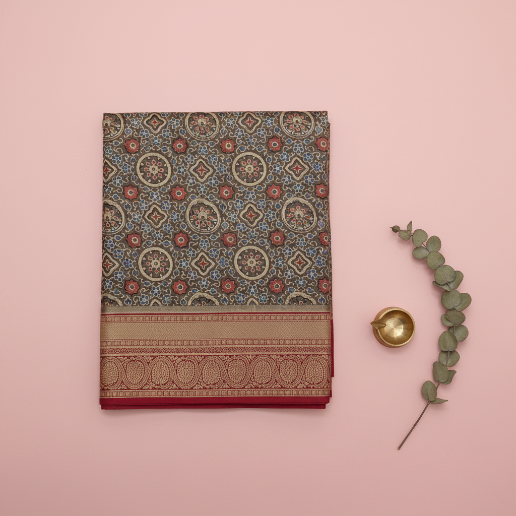 KUBERAN PALE BROWN AJRAKH PRINT SAREE