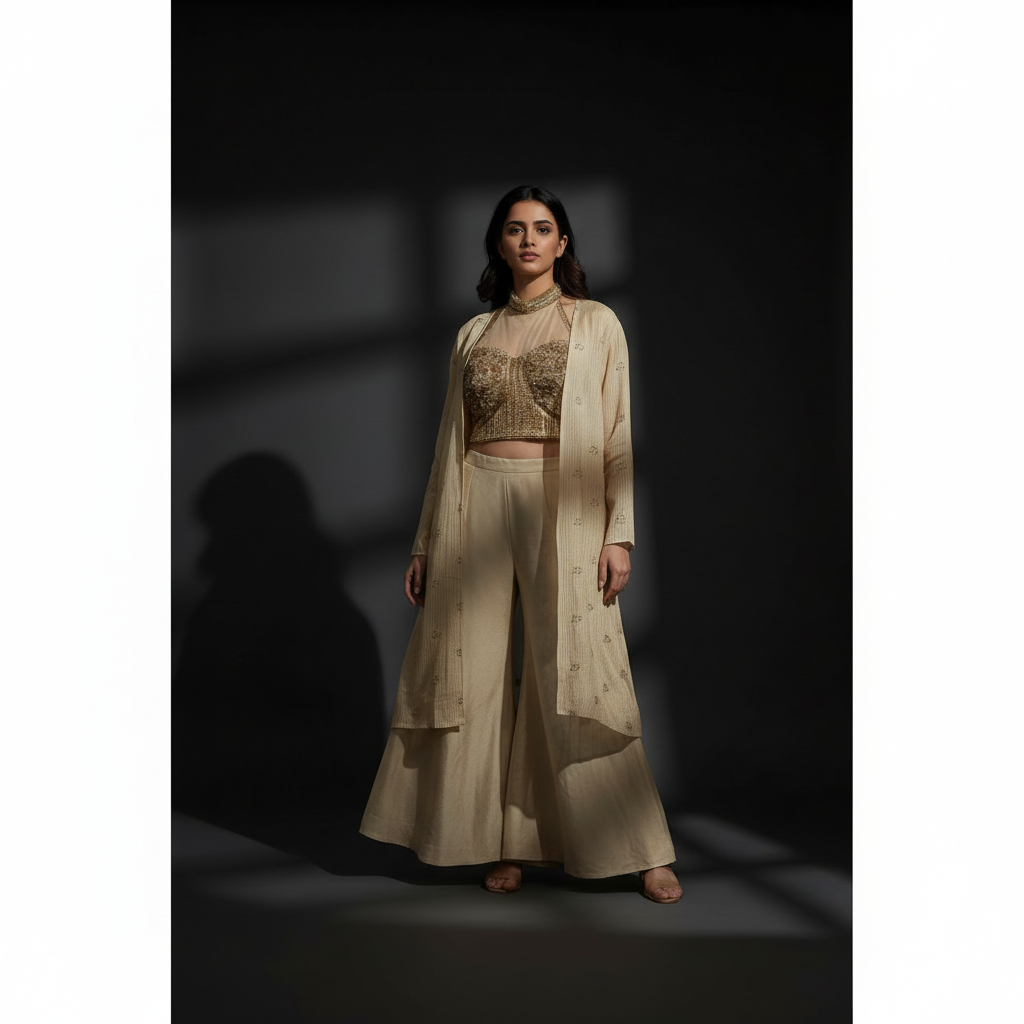 KUBERAN CREAM WESTERN PALLAZZO SET