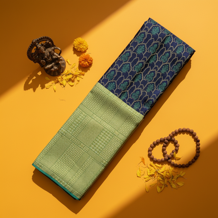 kuberan Navy Blue with Teal Floral Arch Butta & Lime Green Kanchipuram Silk Saree
