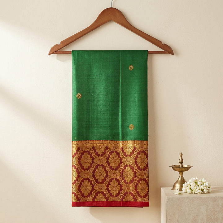 Kuberan Green Pure Silk Dupatta with Red and Gold Zari Border