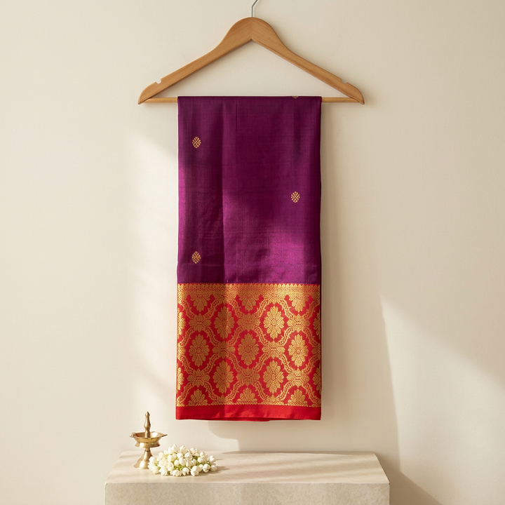 Kuberan Purple Pure Silk Dupatta with Red Gold Zari Border