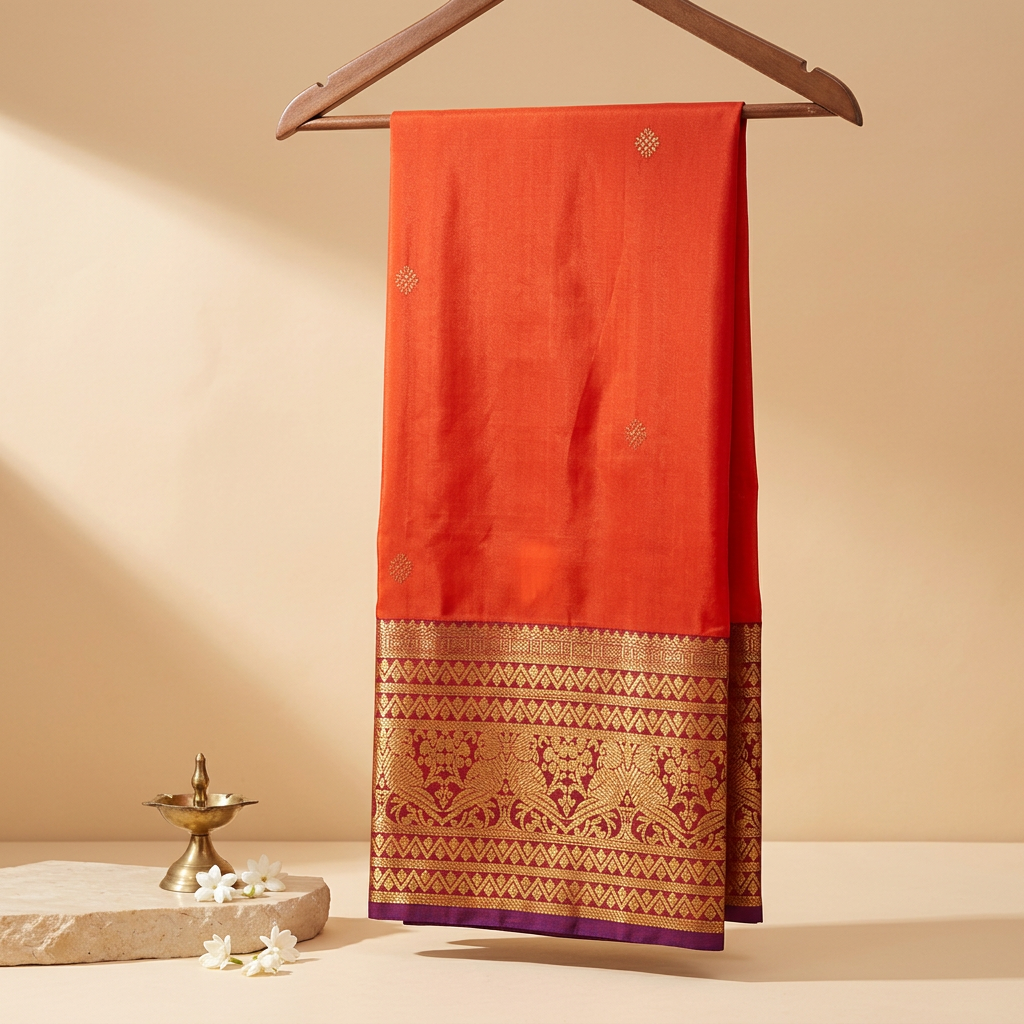 Kuberan Orange Pure Silk Dupatta with Gold Zari Border