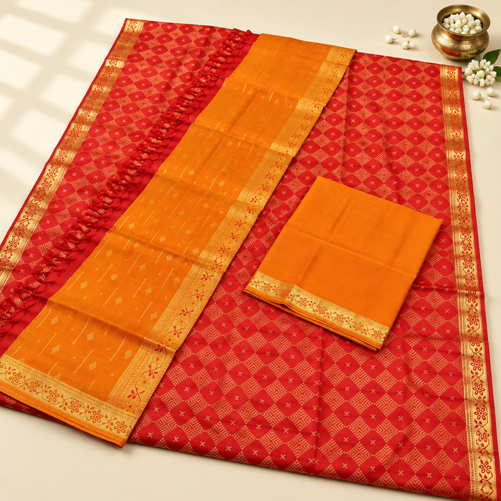 Kuberan Red Orange Pure Silk Dress Material with Gold Border