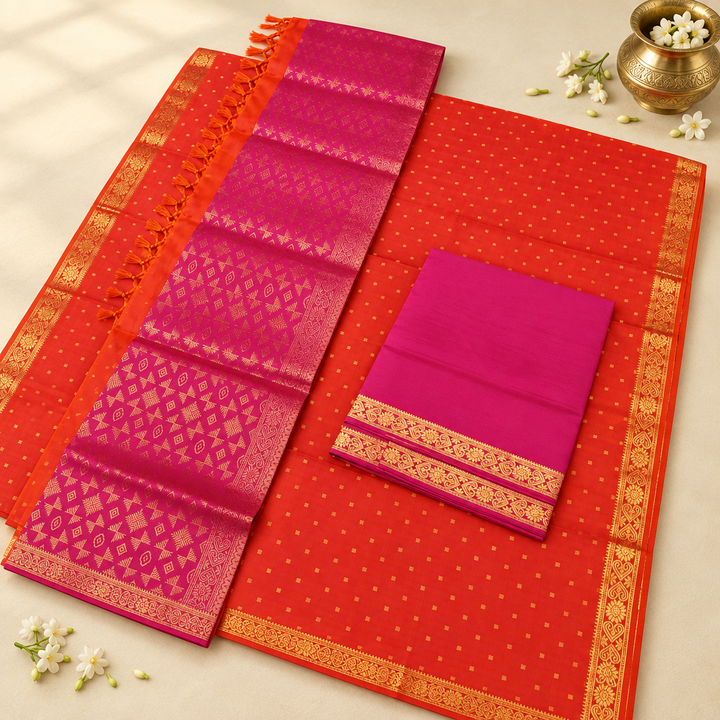 Kuberan Dual Orange Red Colour  with Magenta Pure Silk Dress Material with Gold Border