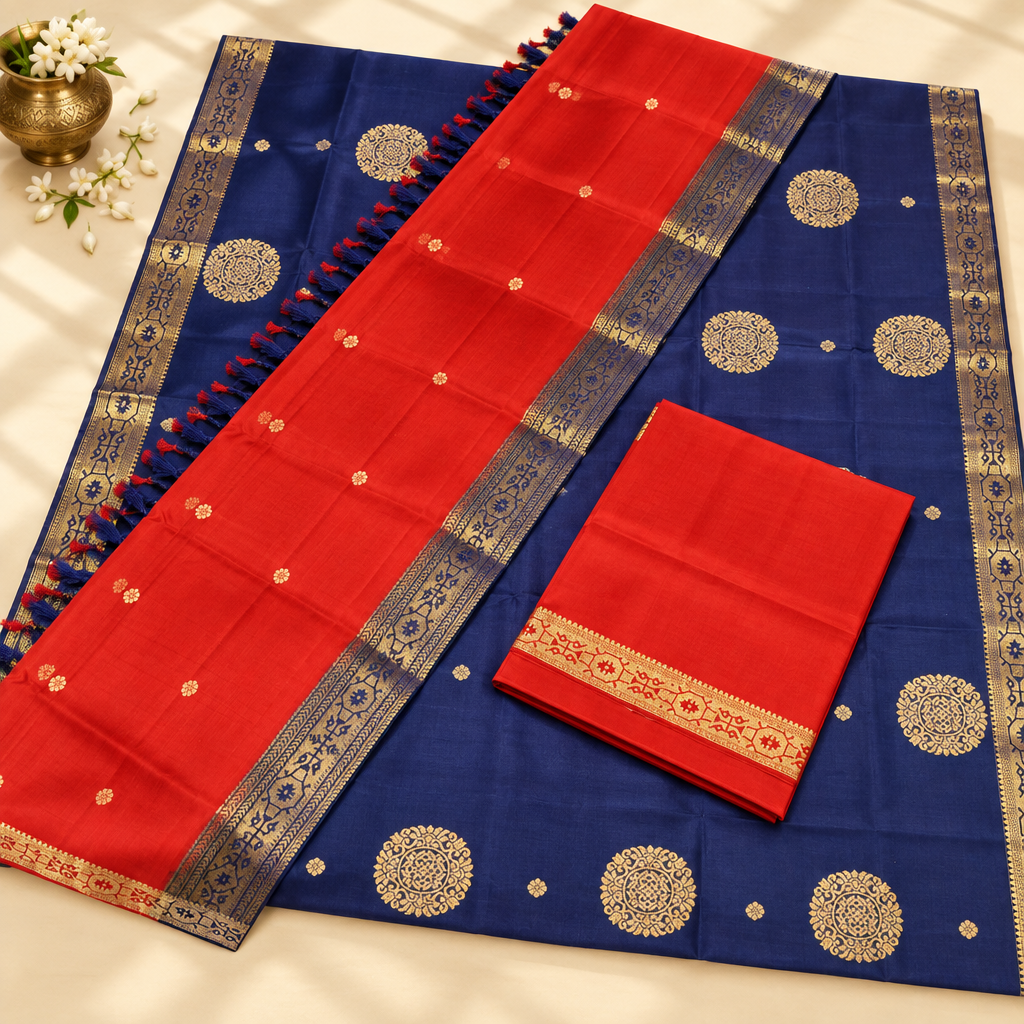 Kuberan Navy Blue and Red Pure Silk Dress Material with Gold Motifs