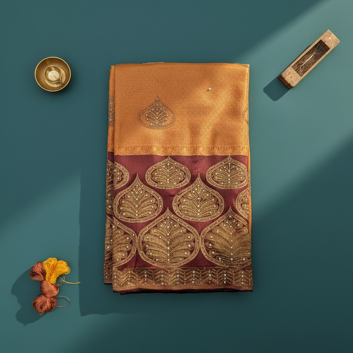 Kuberan orange & Wine Maroon Zardosi Kanchipuram Silk Saree – Teal Backdrop