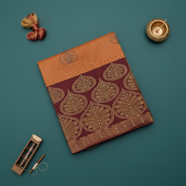 Kuberan orange & Wine Maroon Zardosi Kanchipuram Silk Saree – Teal Backdrop