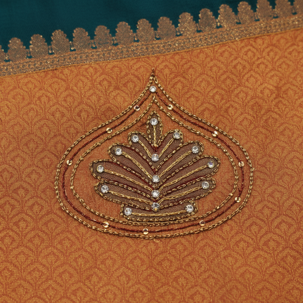 Kuberan orange & Wine Maroon Zardosi Kanchipuram Silk Saree – Teal Backdrop