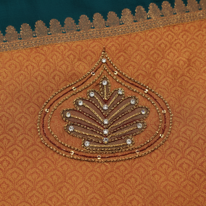 Kuberan orange & Wine Maroon Zardosi Kanchipuram Silk Saree – Teal Backdrop