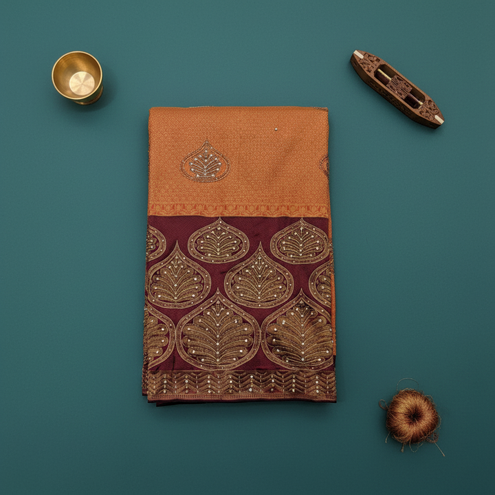 Kuberan orange & Wine Maroon Zardosi Kanchipuram Silk Saree – Teal Backdrop
