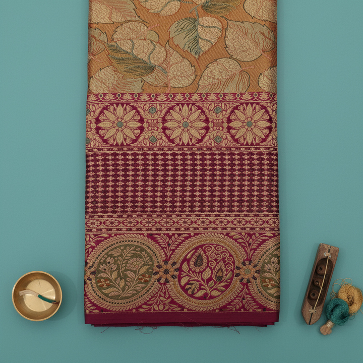 kuberan Antique Gold Peepal Leaf Kanchipuram Silk Saree with Deep Magenta Zari Border