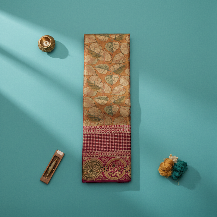 kuberan Antique Gold Peepal Leaf Kanchipuram Silk Saree with Deep Magenta Zari Border
